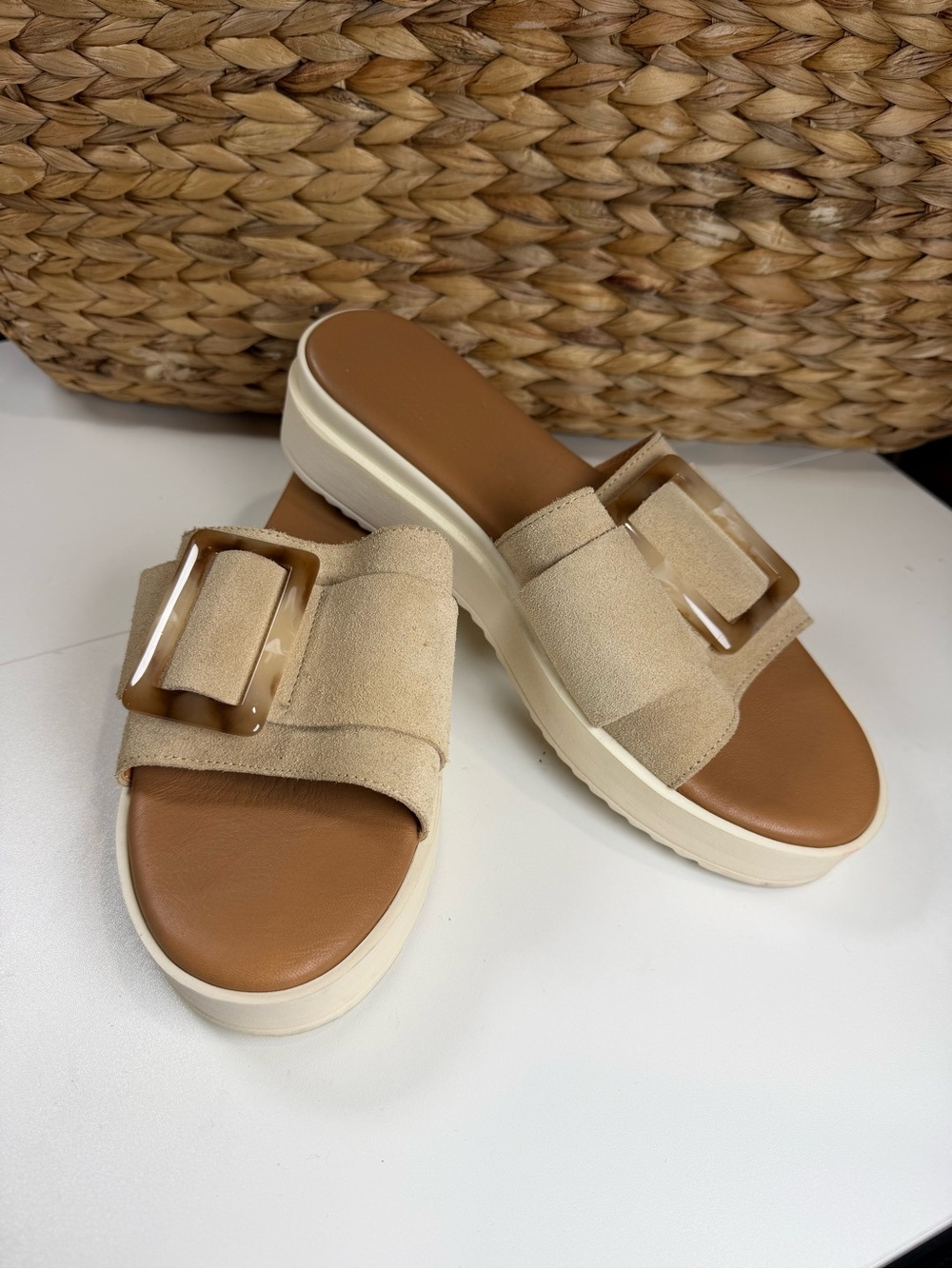 Simona Rossi Beige Suede Slide Sandals with Decorative Buckle